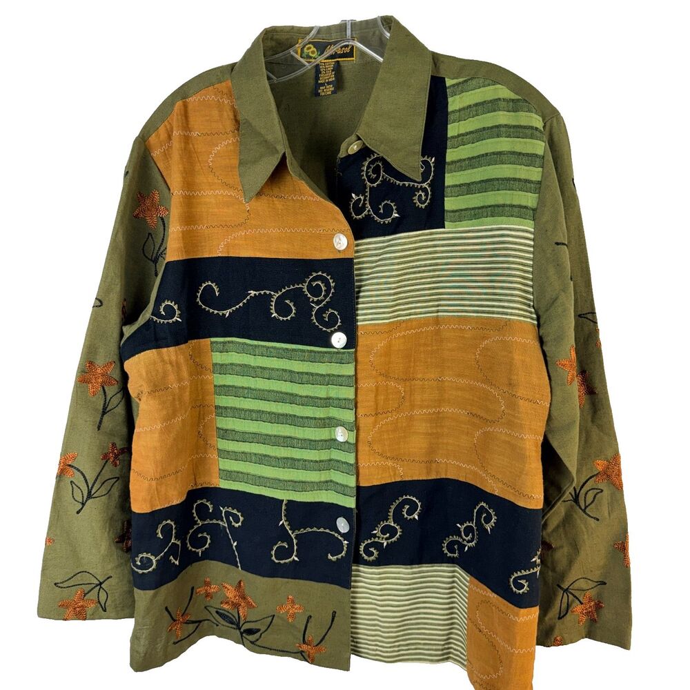 Marisol Vintage Large Women Long Sleeve Blouse Linen Silk Patchwork Artsy Button